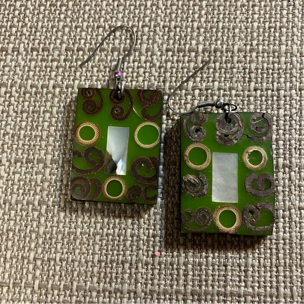 Artisan Handmade Mother of Pearl Hand Painted Wood Earrings